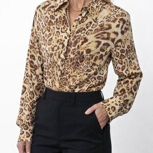 Vintage Y2K Eccoci 100% Silk Leopard Animal Print Blouse Shirt 12